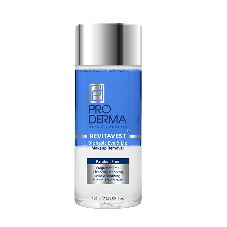 محلول پاک‌کننده آرایش چشم دو فاز پرودرما مدل revitavest حجم 100 میلی‌لیتر